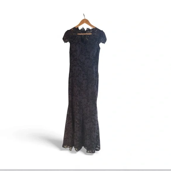 Eliza J Navy Floral Lace scalloped- edge gown - Picture 5 of 6